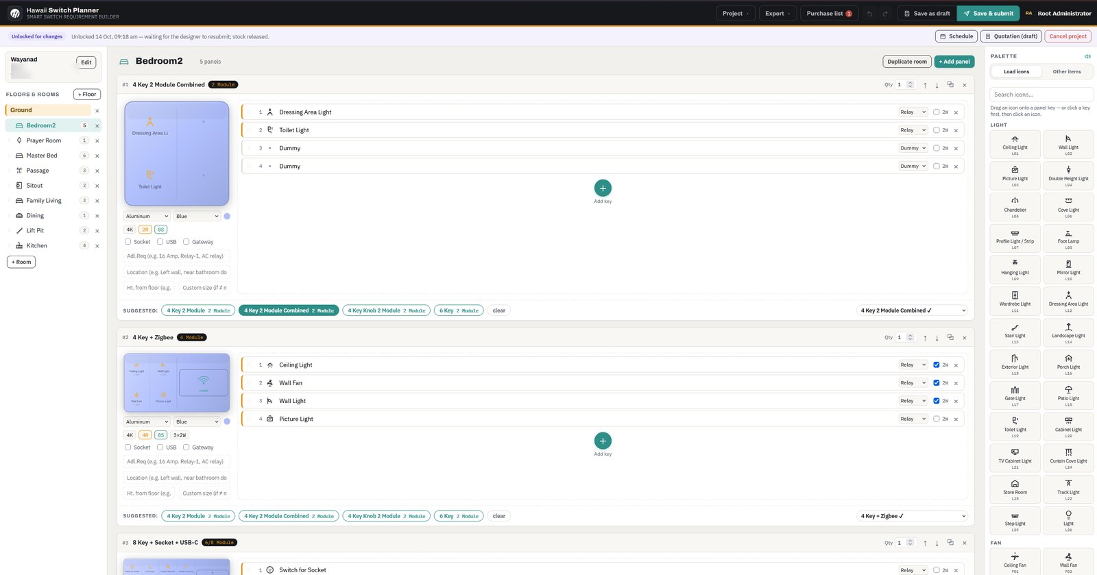The Hawaii Switch Design Studio: a floors and rooms list, panels with their assigned
                  keys and suggested valid plate combinations, and the searchable icon palette.